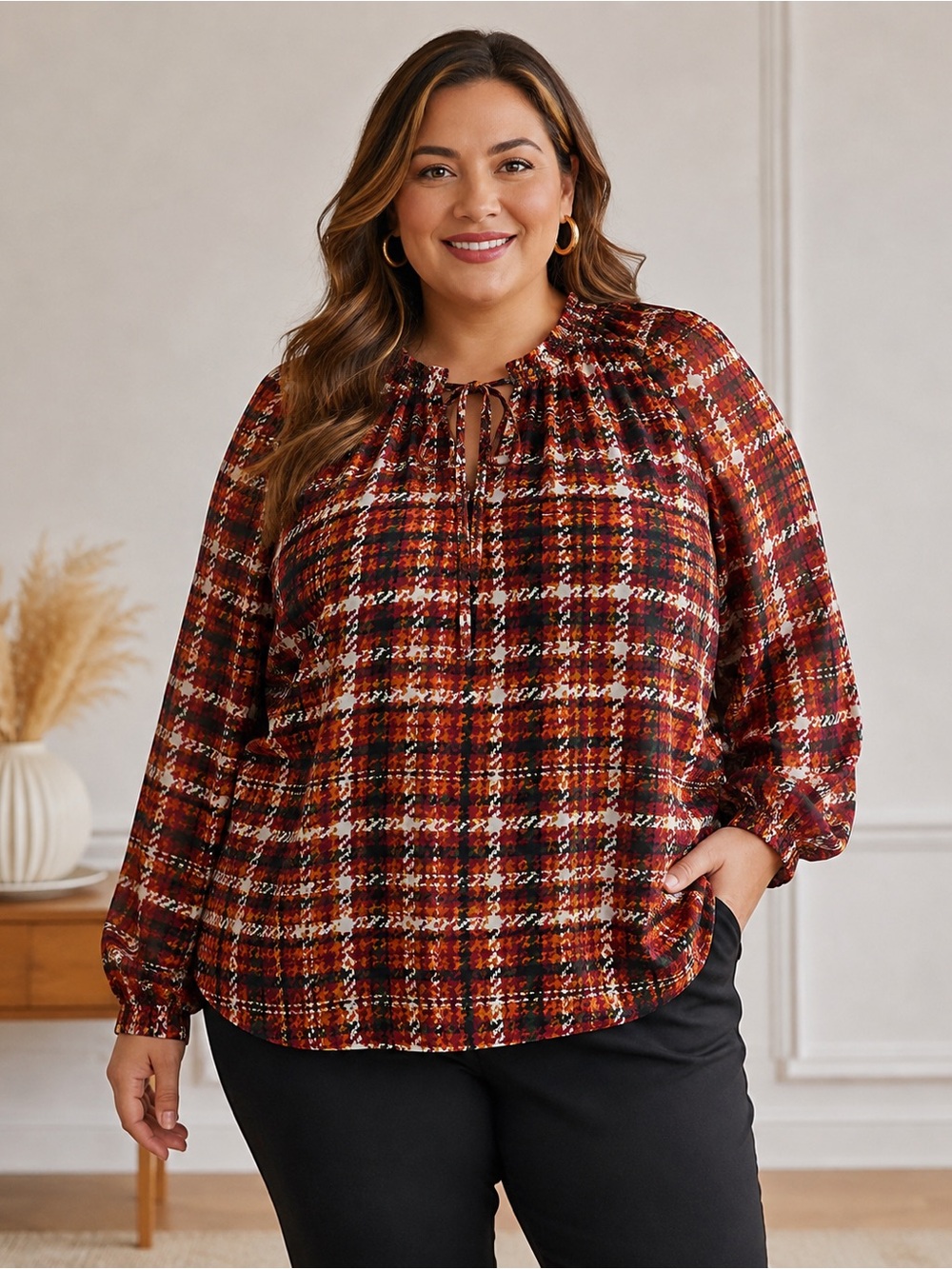 Women's Jones New York Plaid Ruffle Neck Blouse NWT Size 2X